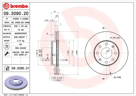 Tarcza hamulcowa przednia 09309021 Brembo
