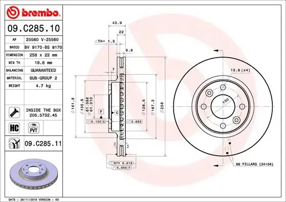 Tarcza hamulcowa przednia 09C28511 Brembo