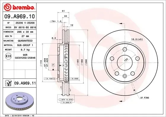 Tarcza hamulcowa przednia 09A96911 Brembo