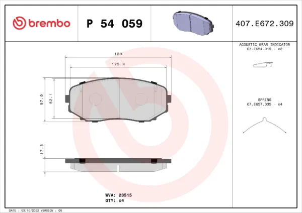 Klocki hamulcowe przednie tarczowe P54059 Brembo