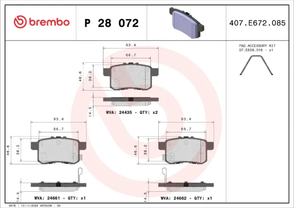 Okładziny (klocki) do hamulców tarczowych tylne P28072 Brembo