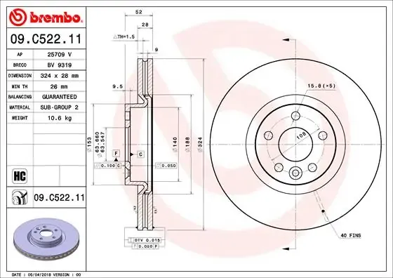 Tarcza hamulcowa przednia 09C52211 Brembo