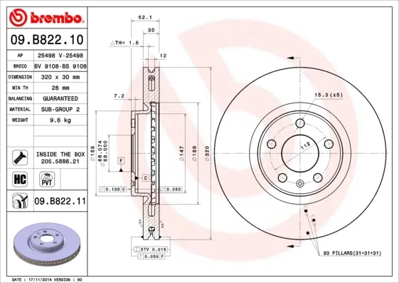Tarcza hamulcowa przednia 09B82211 Brembo
