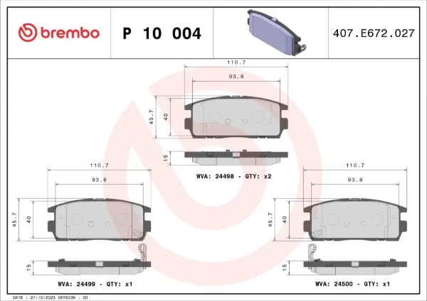 Okładziny (klocki) do hamulców tarczowych tylne P10004 Brembo