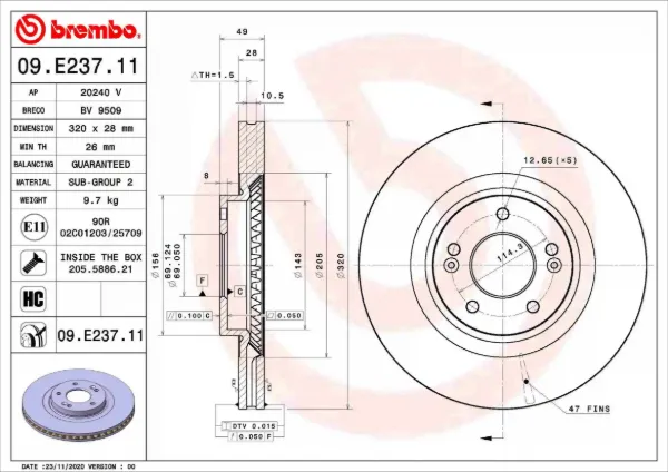 Tarcza hamulcowa przednia 09E23711 Brembo