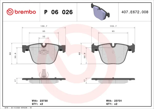 Okładziny (klocki) do hamulców tarczowych tylne P06026 Brembo