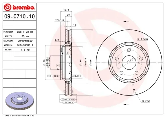 Tarcza hamulcowa przednia 09C71011 Brembo
