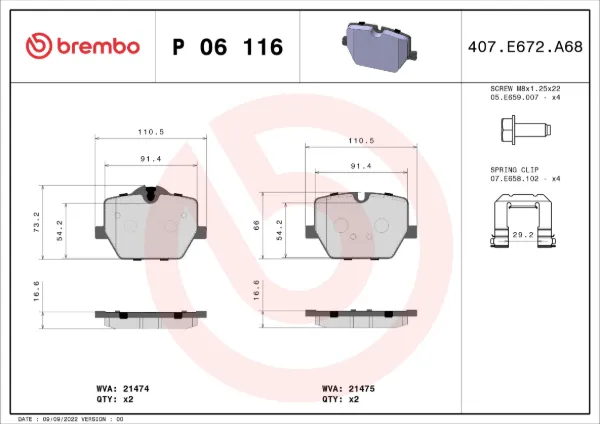 Okładziny (klocki) do hamulców tarczowych tylne P06116 Brembo