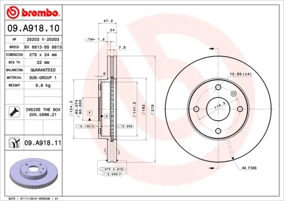 Tarcza hamulcowa przednia 09A91811 Brembo