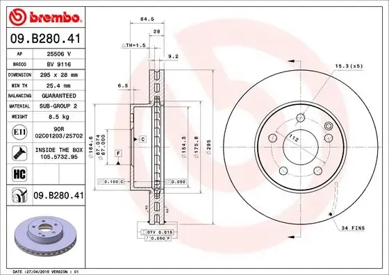 Tarcza hamulcowa przednia 09B28041 Brembo