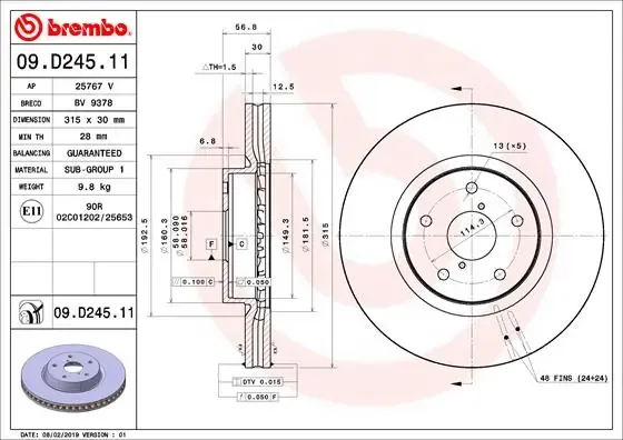 Tarcza hamulcowa przednia 09D24511 Brembo