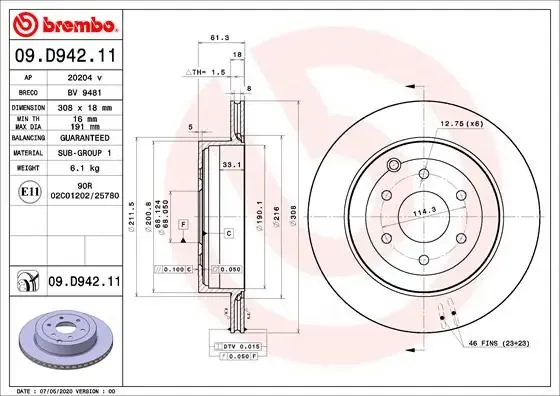 Tarcza hamulcowa tylna 09D94211 Brembo