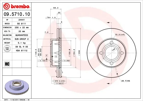Tarcza hamulcowa przednia 09571010 Brembo