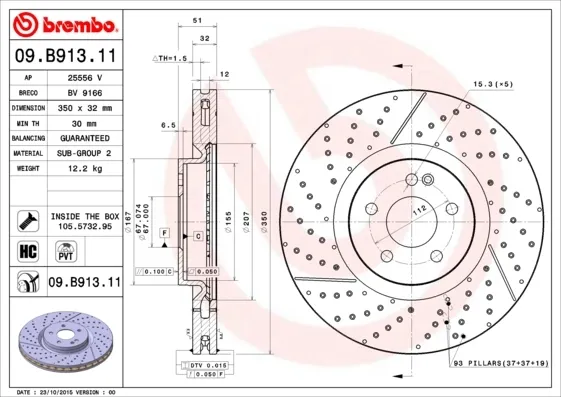 Tarcza hamulcowa przednia 09B91311 Brembo