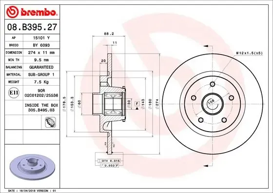 Tarcza hamulcowa tylna 08B39527 Brembo