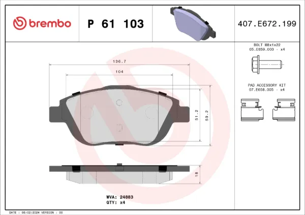 Klocki hamulcowe przednie tarczowe P61103 Brembo