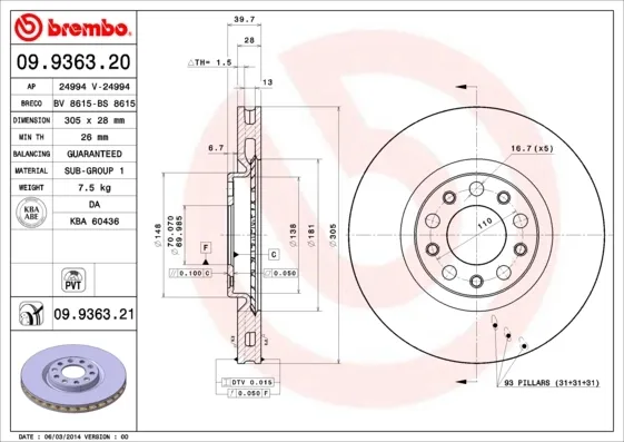 Tarcza hamulcowa przednia 09936321 Brembo