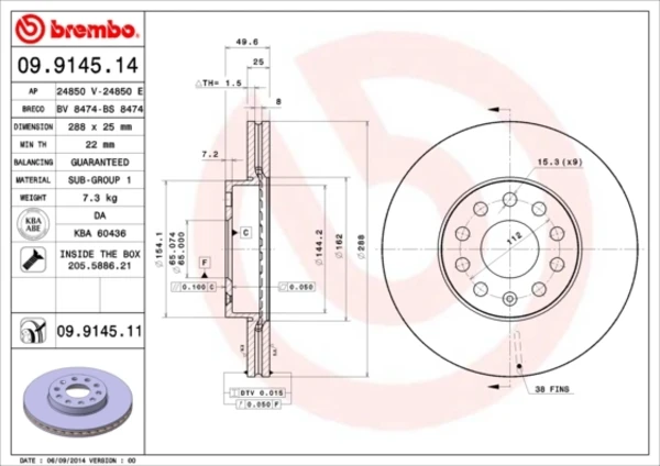 09.9145.11 Brembo tarcza hamulcowa przednia