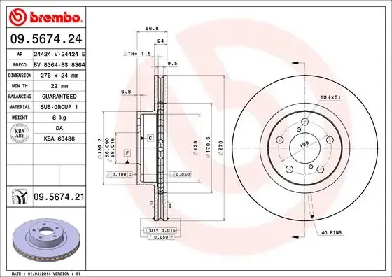 Tarcza hamulcowa przednia 09567421 Brembo