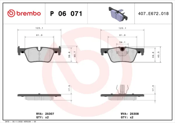 Okładziny (klocki) do hamulców tarczowych tylne P06071 Brembo