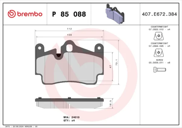 Okładziny (klocki) do hamulców tarczowych tylne P85088 Brembo