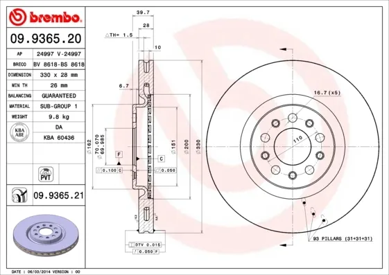 Tarcza hamulcowa przednia 09936521 Brembo