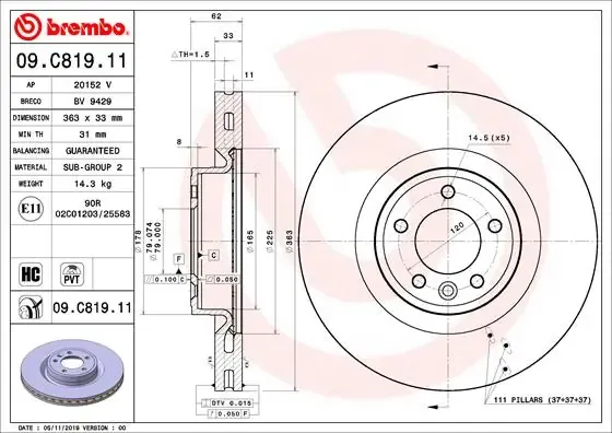 Tarcza hamulcowa przednia 09C81911 Brembo