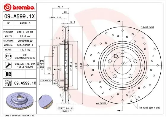 Tarcza hamulcowa przednia 09A5991X Brembo