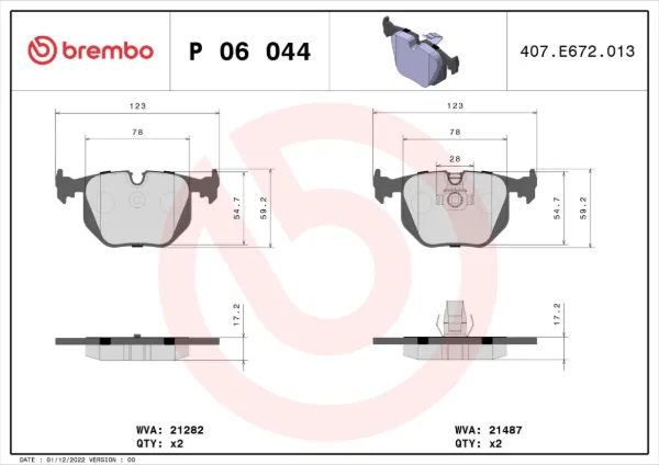 Okładziny (klocki) do hamulców tarczowych tylne P06044 Brembo