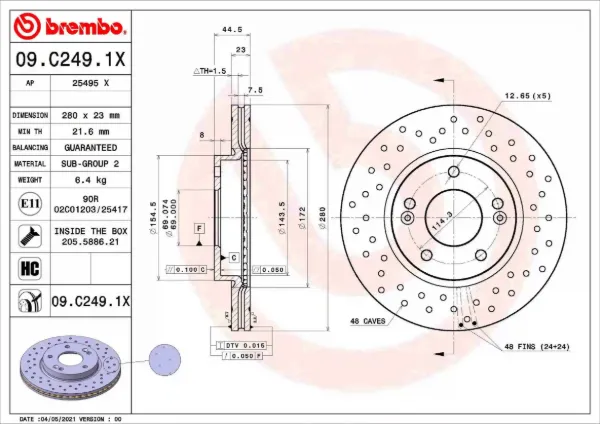 Tarcza hamulcowa przednia 09C2491X Brembo