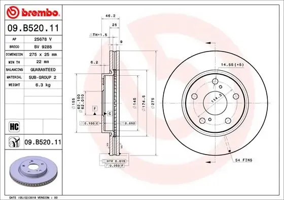 Tarcza hamulcowa przednia 09B52011 Brembo