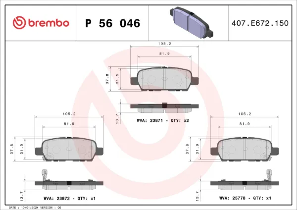Okładziny (klocki) do hamulców tarczowych tylne P56046 Brembo