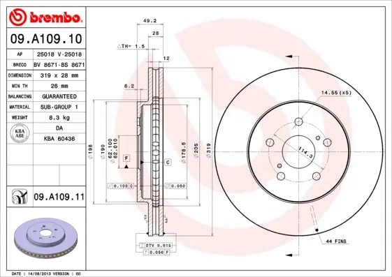 Tarcza hamulcowa przednia 09A10911 Brembo