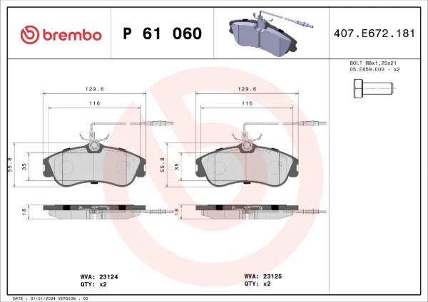 Klocki hamulcowe przednie tarczowe P61060 Brembo