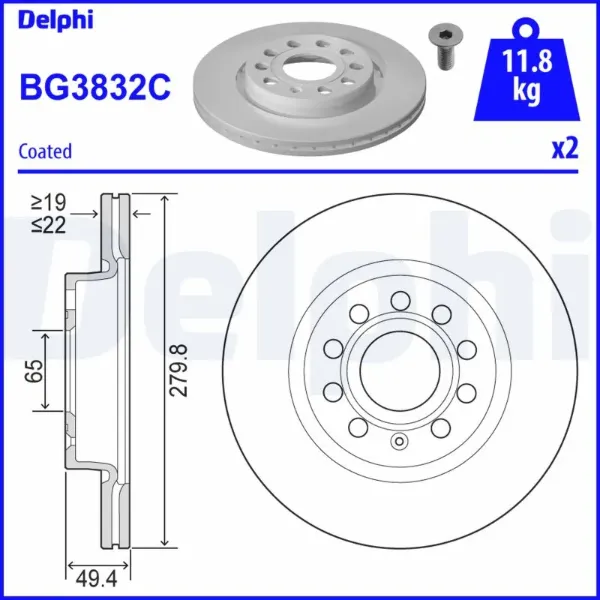 Tarcza hamulcowa przednia BG3832C Delphi