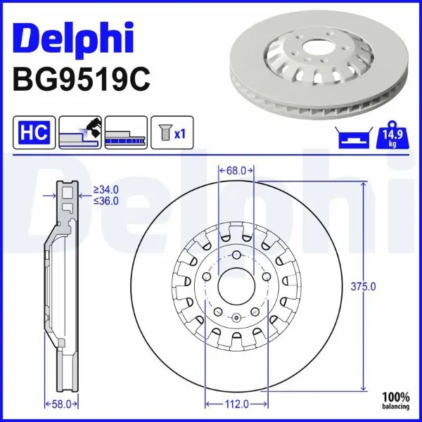 Tarcza hamulcowa przednia BG9519C Delphi