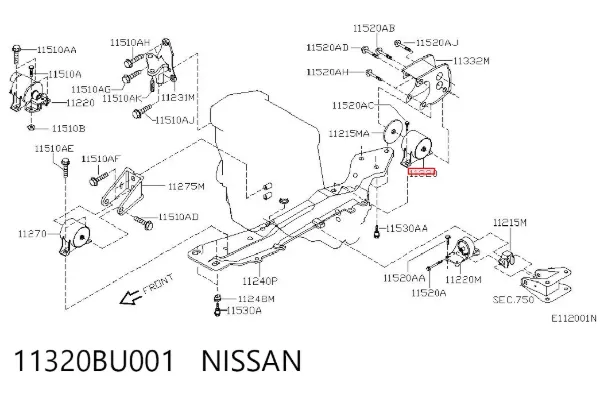 Poduszka (podpora) silnika tylna 11320BU001 Nissan/Infiniti