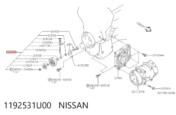 Rolka napinacza paska napędowego 1192531U00 Nissan/Infiniti