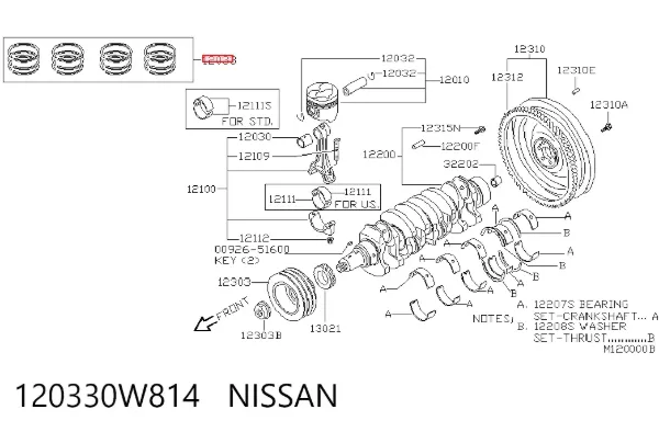 Zestaw pierścieni tłokowych do silnika, STD 120330W814 Nissan/Infiniti