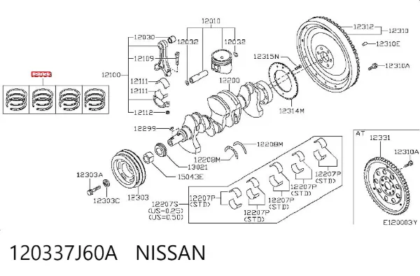 Zestaw pierścieni tłokowych do silnika, STD 120337J60A Nissan/Infiniti