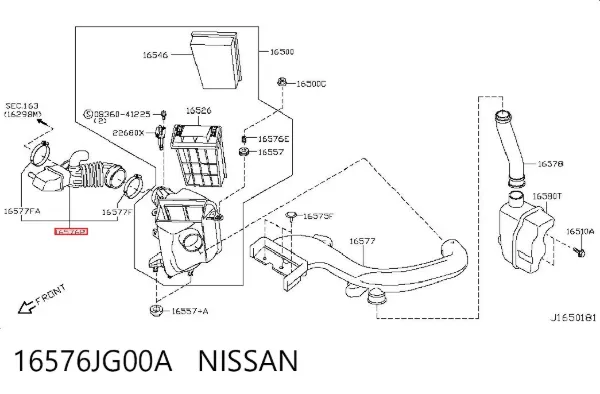 Króciec powietrza, wylot filtra powietrznego 16576JG00A Nissan/Infiniti