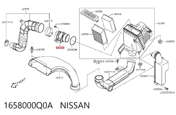 Czujnik przepływu powietrza, przepływomierz powietrza M.A.F. 1658000Q0A Nissan/Infiniti