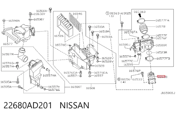 Czujnik przepływu powietrza, przepływomierz powietrza M.A.F. 22680AD201 Nissan/Infiniti