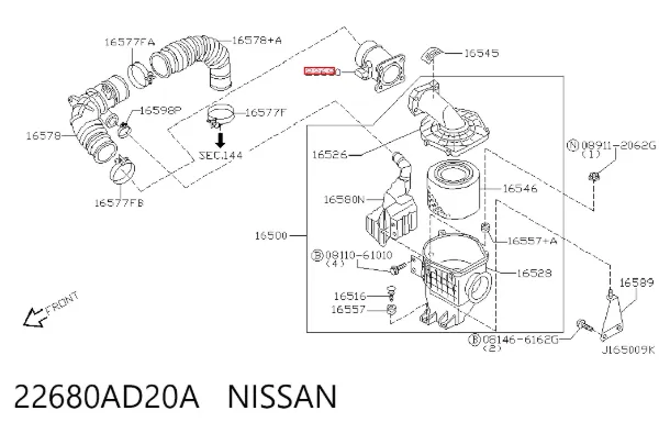 Czujnik przepływu powietrza, przepływomierz powietrza M.A.F. 22680AD20A Nissan/Infiniti
