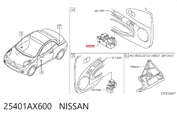 Panel przyciskowy sterowania podnośnikiem szyby przedni lewy 25401AX600 Nissan/Infiniti