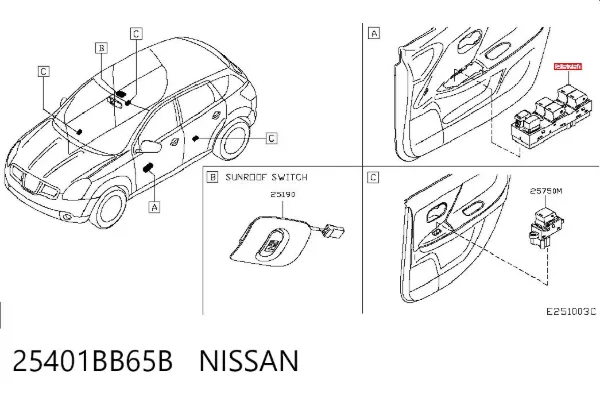 Panel przyciskowy sterowania podnośnikiem szyby przedni lewy 25401BB65B Nissan/Infiniti