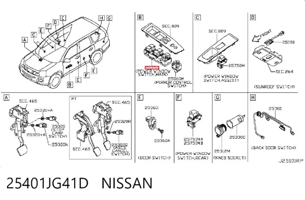 Panel przyciskowy sterowania podnośnikiem szyby przedni lewy 25401JG41D Nissan/Infiniti