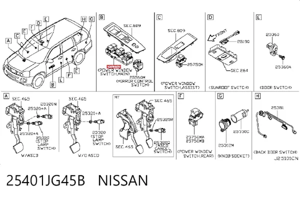 Panel przyciskowy sterowania podnośnikiem szyby przedni lewy 25401JG45B Nissan/Infiniti
