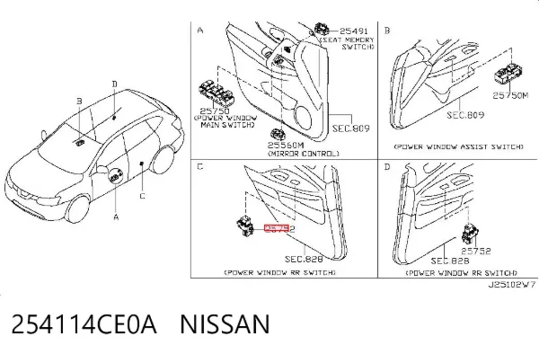 Włącznik przyciskowy podnośnika szyby tylny 254114CE0A Nissan/Infiniti