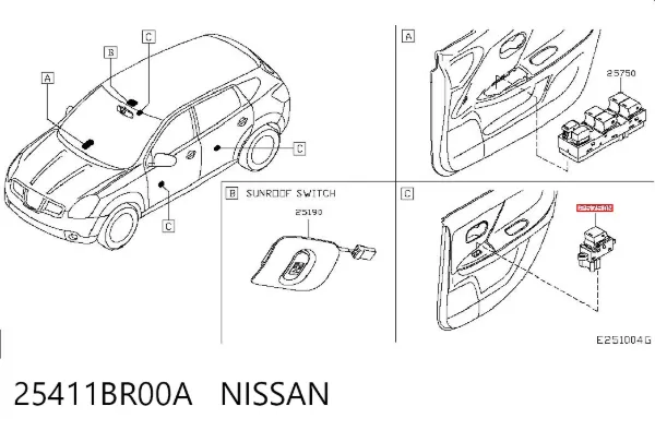 Włącznik przyciskowy podnośnika szyby tylny 25411BR00A Nissan/Infiniti